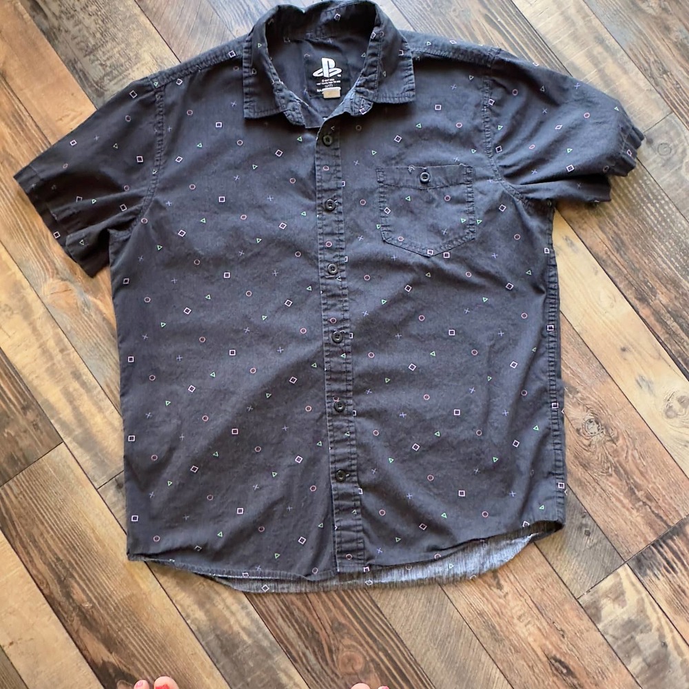 Sony PlayStation Mens' Controller Icon Allover Print Woven Button Up Shirt